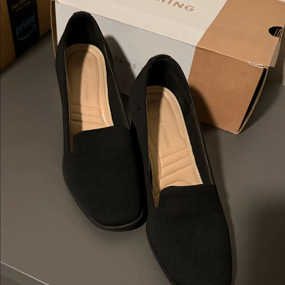 Adrienne Vittadini Black Knit Block Heel Loafer Pumps - Picture 6 of 7
